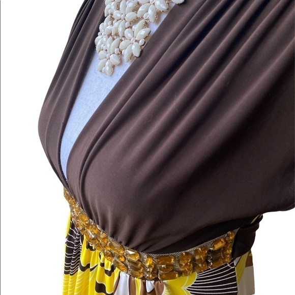 Forever Vintage Y2K Dress Brown and Yellow Print With Gold Gems Size Small - Picture 3 of 7